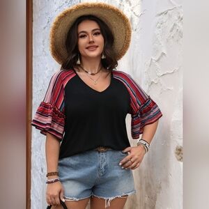 Plus Size Colorful Striped Sleeve Black V-Neck Top